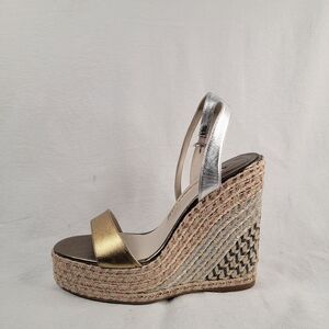 ​Sophia Webster Metallic Leather Espadrille Wedge Sandals Silver Gold Spain 40
​